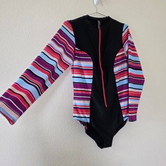 Torrid One Piece Rash Guard Swimsuit Black Multicolor Stripe Women Size 0 Zip - Picture 3 of 12